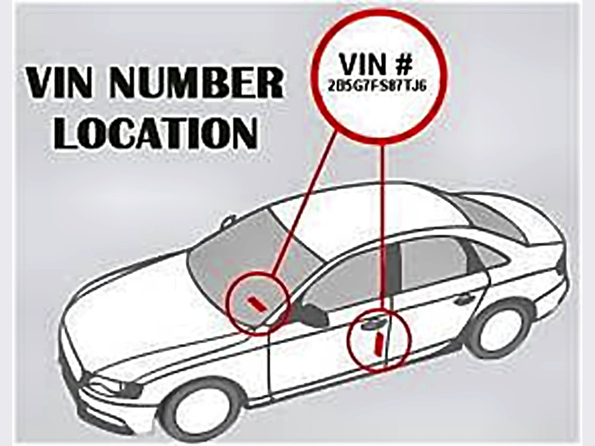 Diagram of a car showing the VIN through the base of the windshield and on the driver door frame