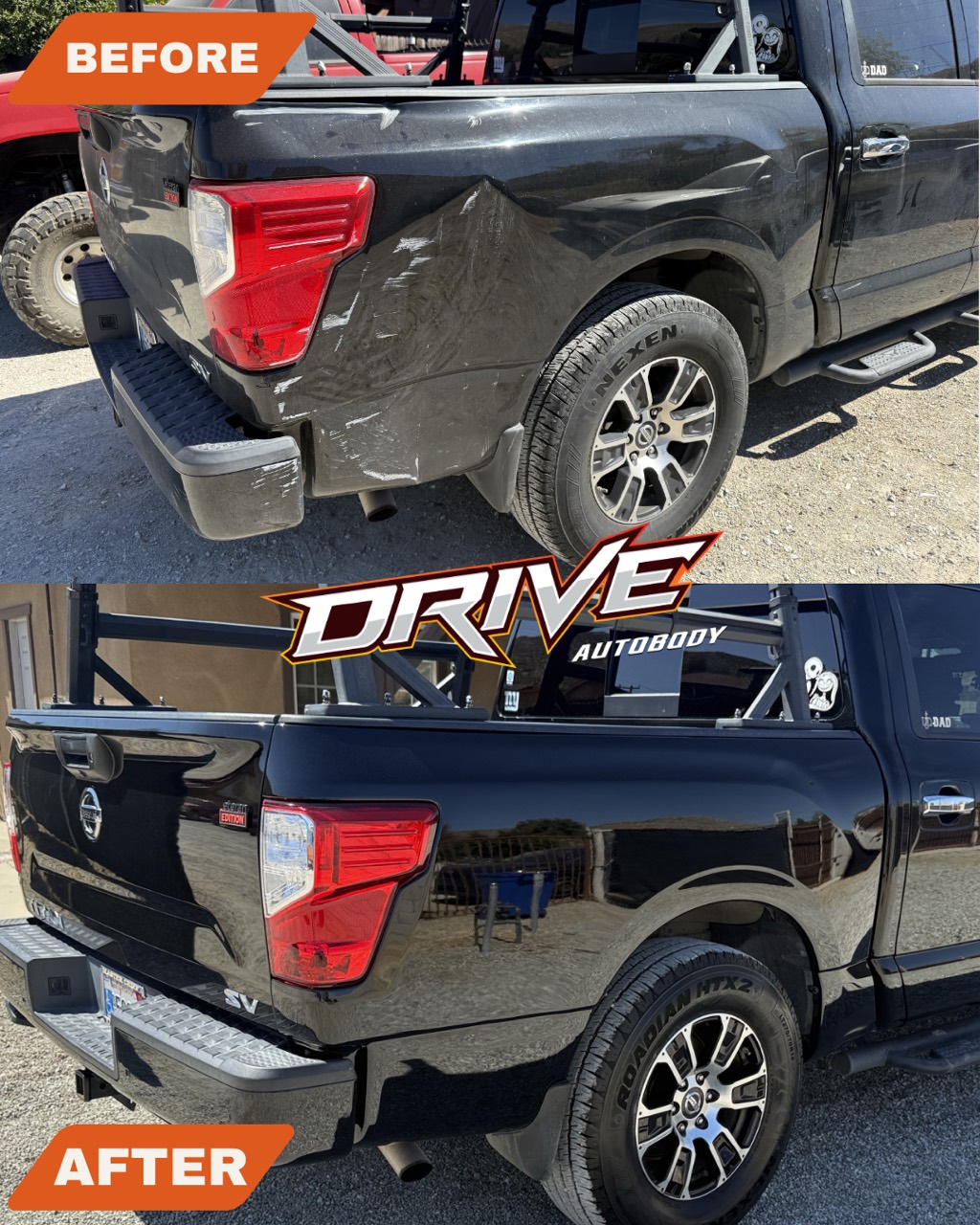 Nissan truck before and after collision repair completed at Drive Auto Body in Hemet, CA