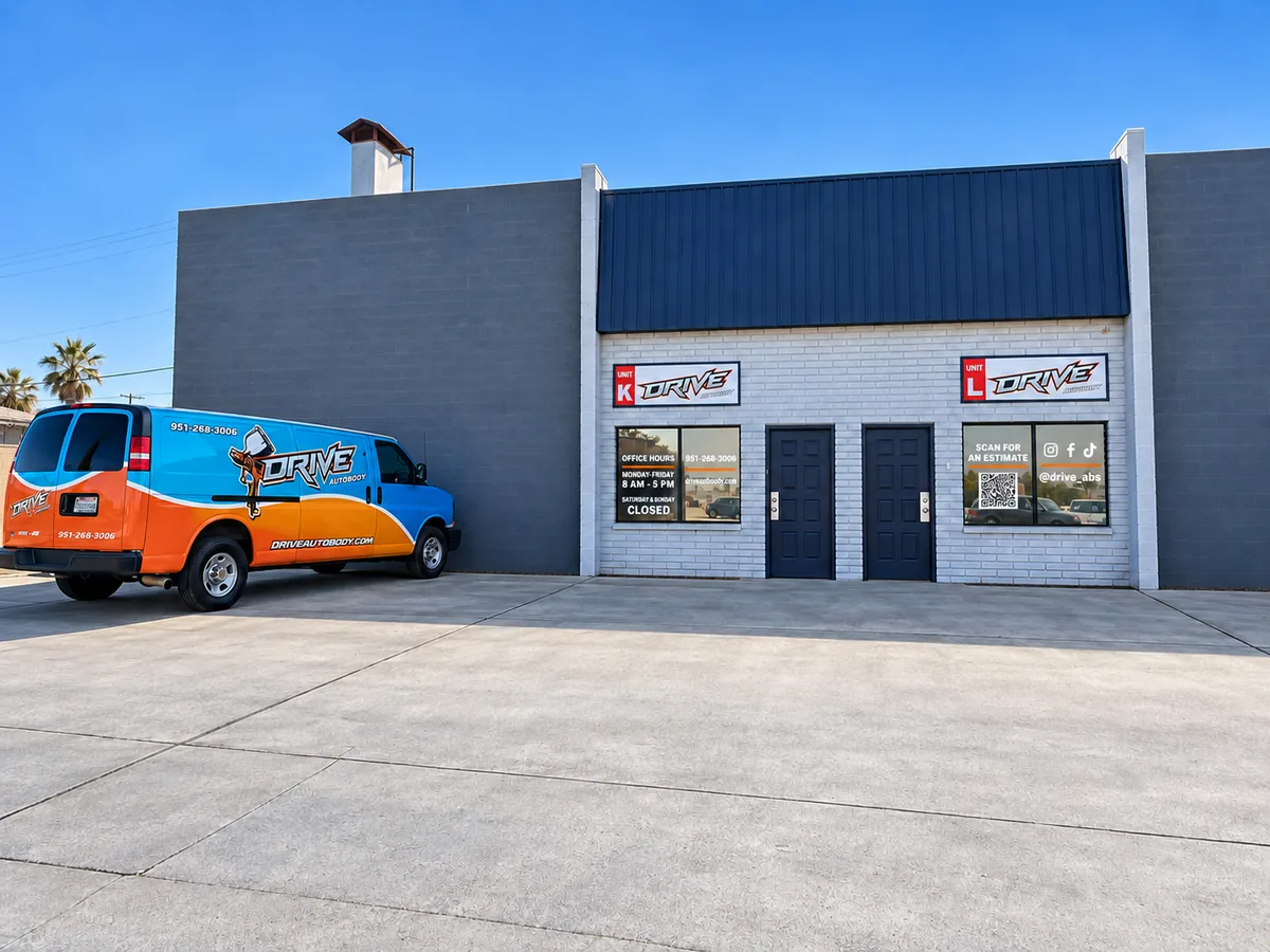 Drive Auto Body's shop on Magnolia Ave in Riverside, with the Drive van out front