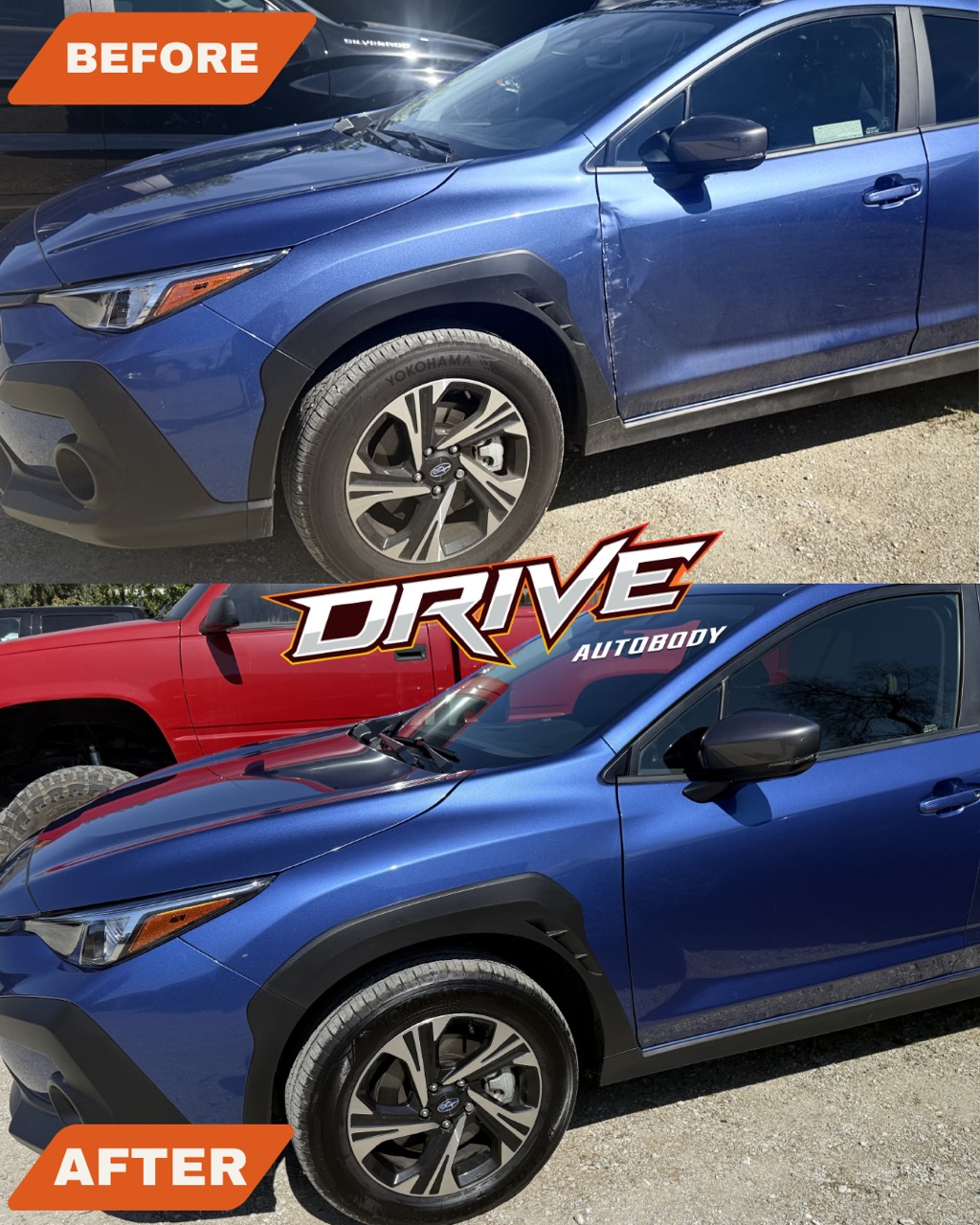 Subaru Crosstrek before and after collision repair completed at Drive Auto Body in Hemet, CA