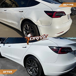 Real Tesla Model 3 before and after insurance claim repair at Drive Auto Body