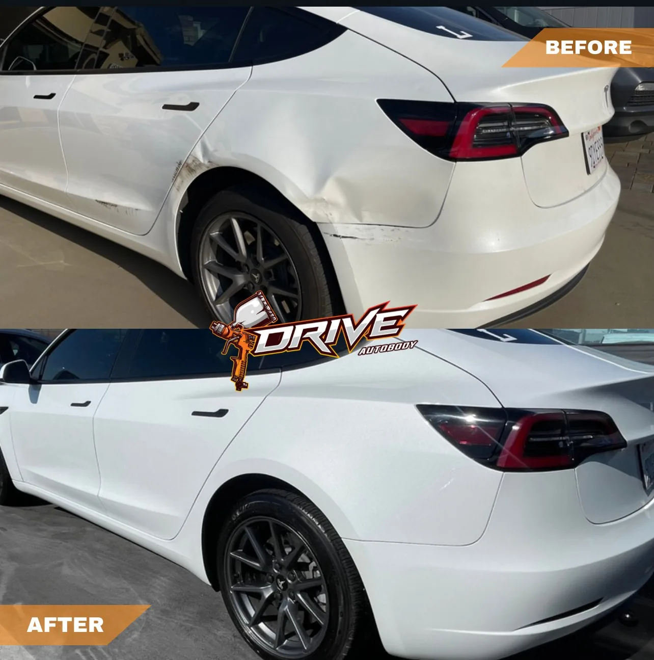 Tesla Model 3 before and after collision repair completed at Drive Auto Body in Hemet, CA