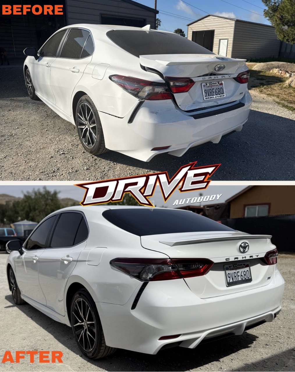 Toyota Camry before and after collision repair completed at Drive Auto Body in Hemet, CA
